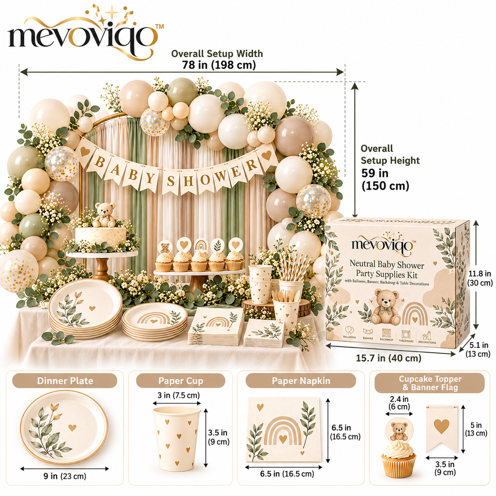 mevoviqo™ Neutral Baby Shower Party Supplies Kit with Balloons, Banner, Backdrop & Table Decorations