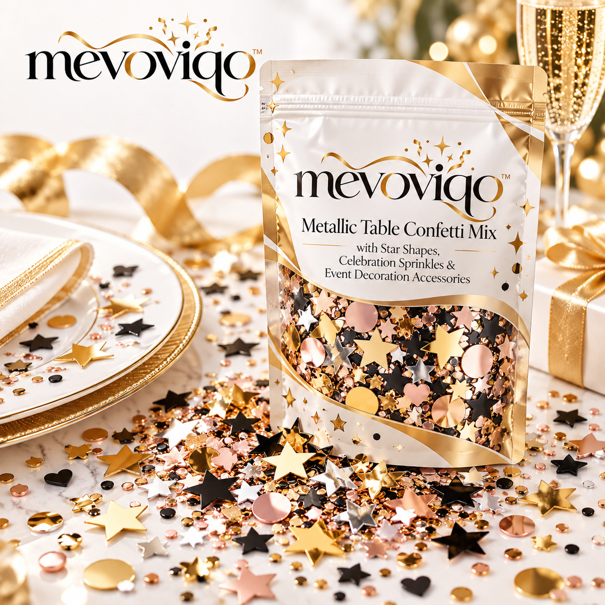 mevoviqo™ Metallic Table Confetti Mix with Star Shapes, Celebration Sprinkles & Event Decoration Accessories