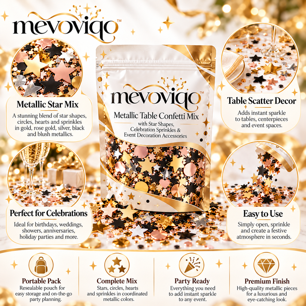 mevoviqo™ Metallic Table Confetti Mix with Star Shapes, Celebration Sprinkles & Event Decoration Accessories