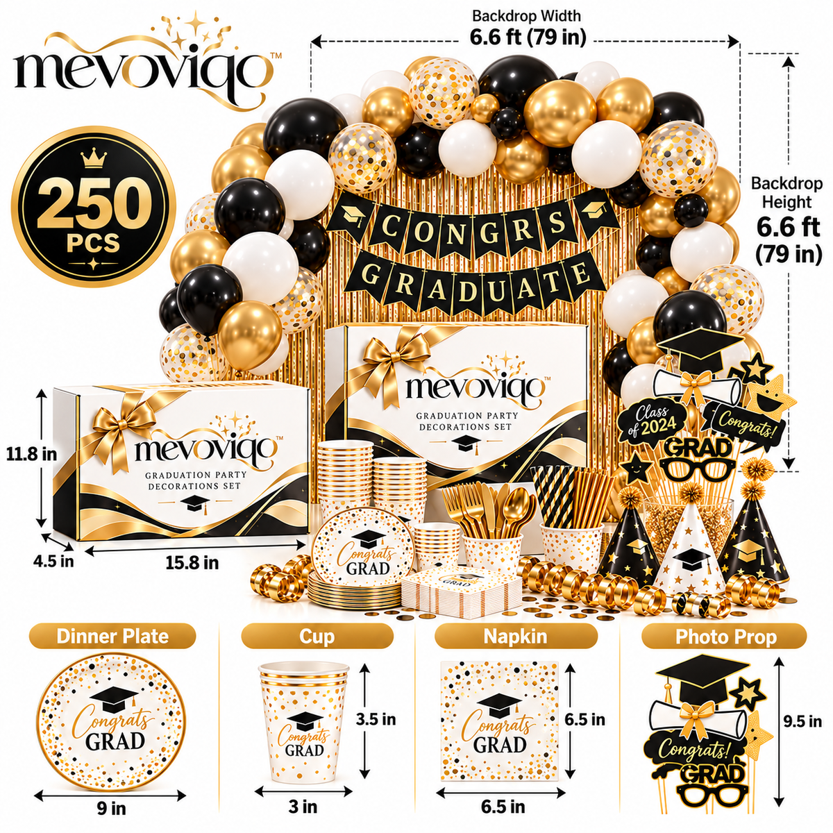 mevoviqo™ Graduation Party Decorations Set with Congrats Banner, Balloons, Table Accessories & Photo Props