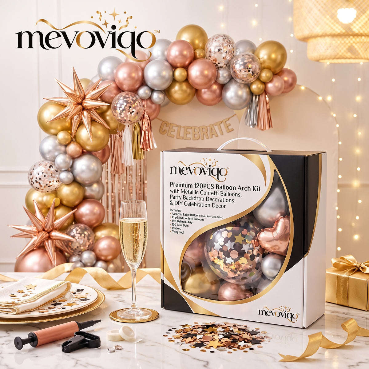 mevoviqo™ Premium 120PCS Balloon Arch Kit with Metallic Confetti Balloons, Party Backdrop Decorations & DIY Celebration Decor
