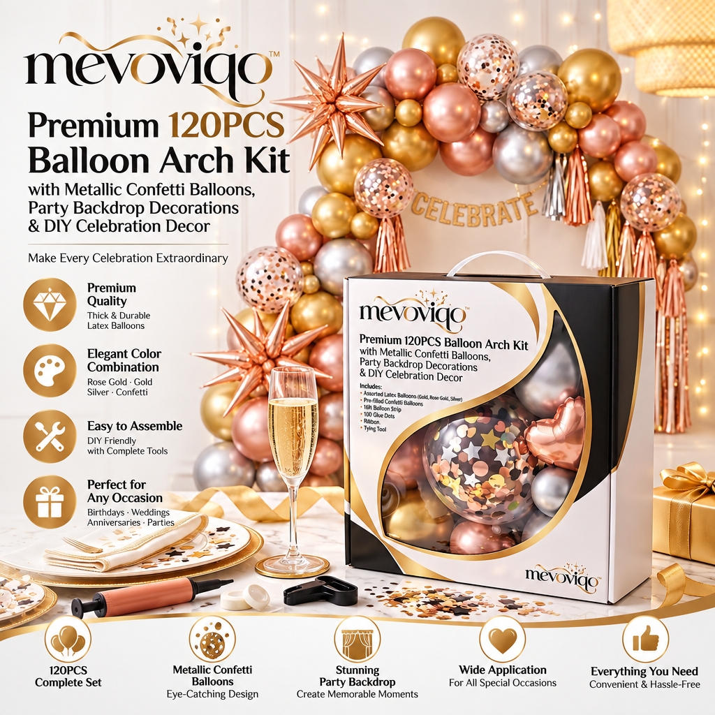 mevoviqo™ Premium 120PCS Balloon Arch Kit with Metallic Confetti Balloons, Party Backdrop Decorations & DIY Celebration Decor