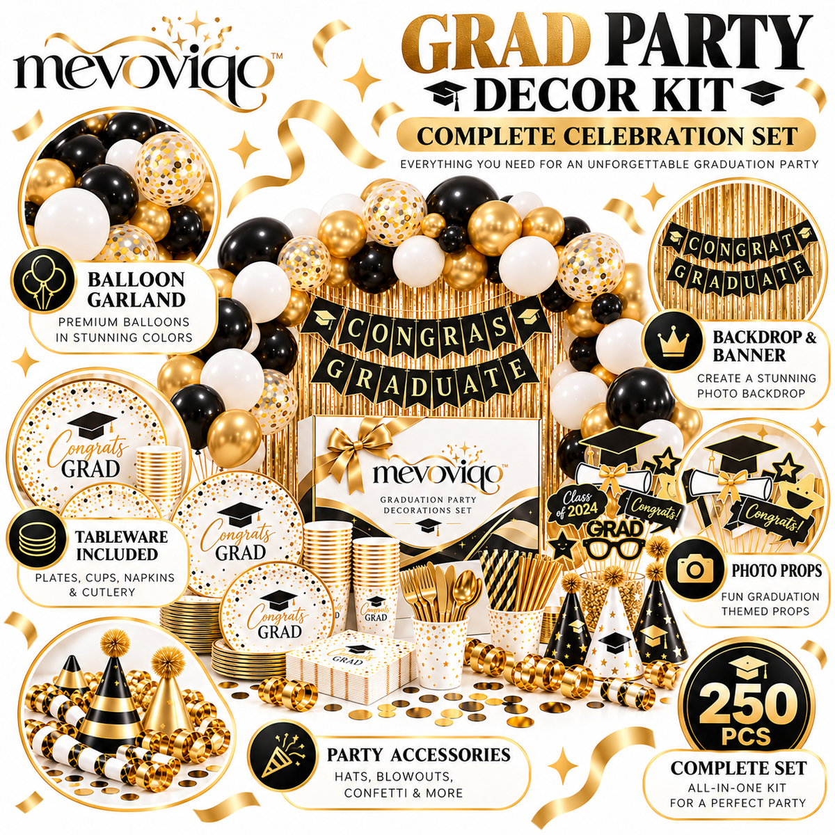 mevoviqo™ Graduation Party Decorations Set with Congrats Banner, Balloons, Table Accessories & Photo Props