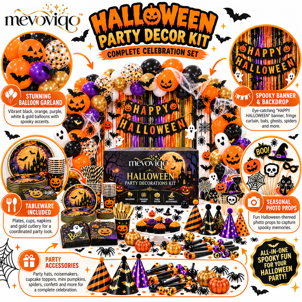 mevoviqo™ Halloween Party Decorations Kit with Hanging Props, Table Decor, Balloons & Spooky Celebration Accessories