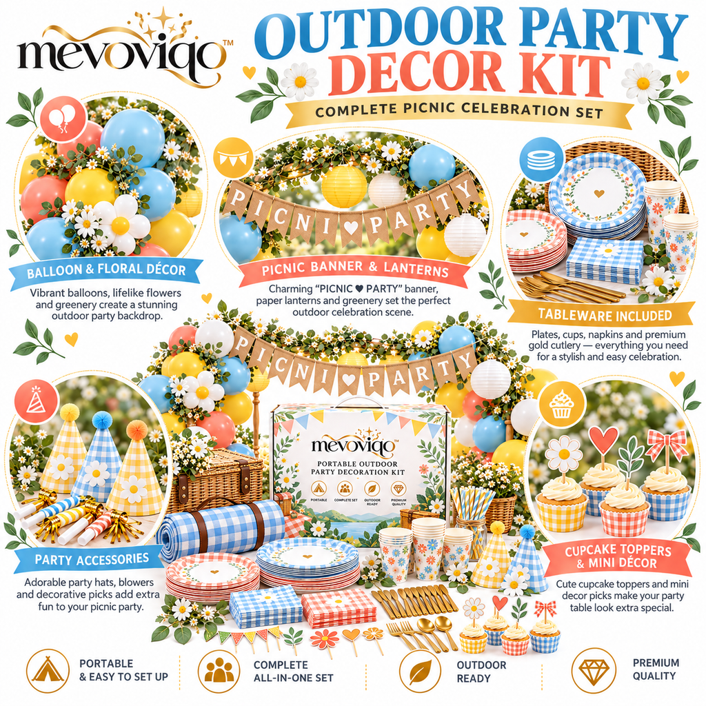 mevoviqo™ Portable Outdoor Party Decoration Kit with Table Accessories, Banner & Picnic Celebration Decor