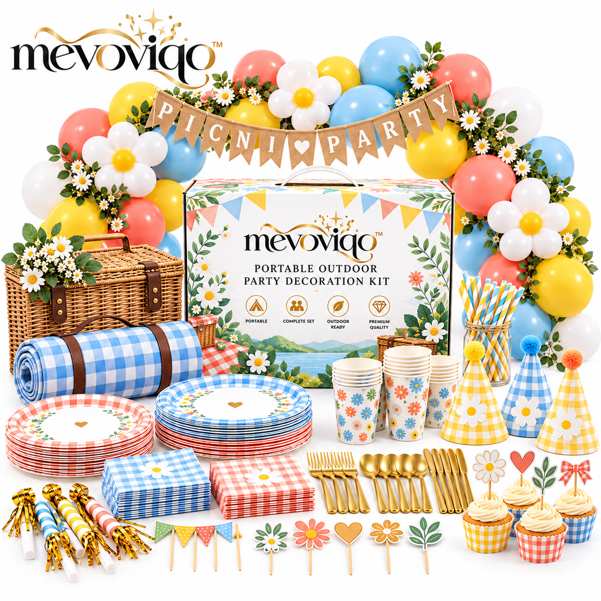 mevoviqo™ Portable Outdoor Party Decoration Kit with Table Accessories, Banner & Picnic Celebration Decor