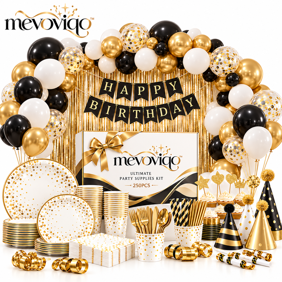 mevoviqo™ 250PCS Ultimate Party Supplies Kit with Balloons, Tableware, Backdrop, Banner & Celebration Accessories