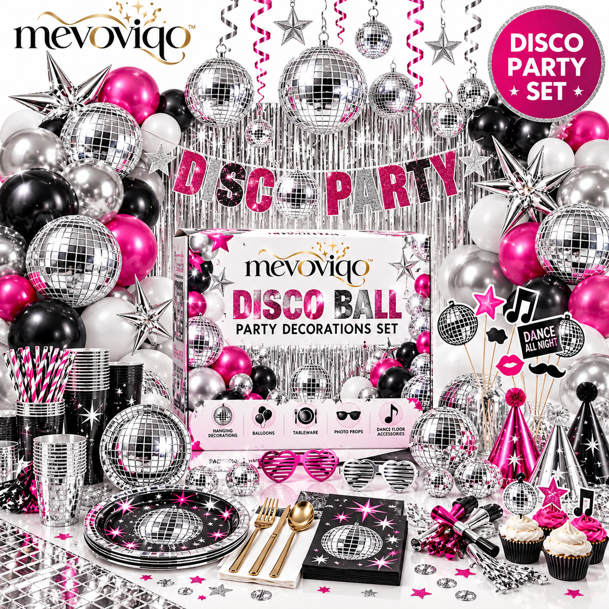 mevoviqo™ Disco Ball Party Decorations Set with Hanging Mirrors, Balloons & Dance Floor Accessories