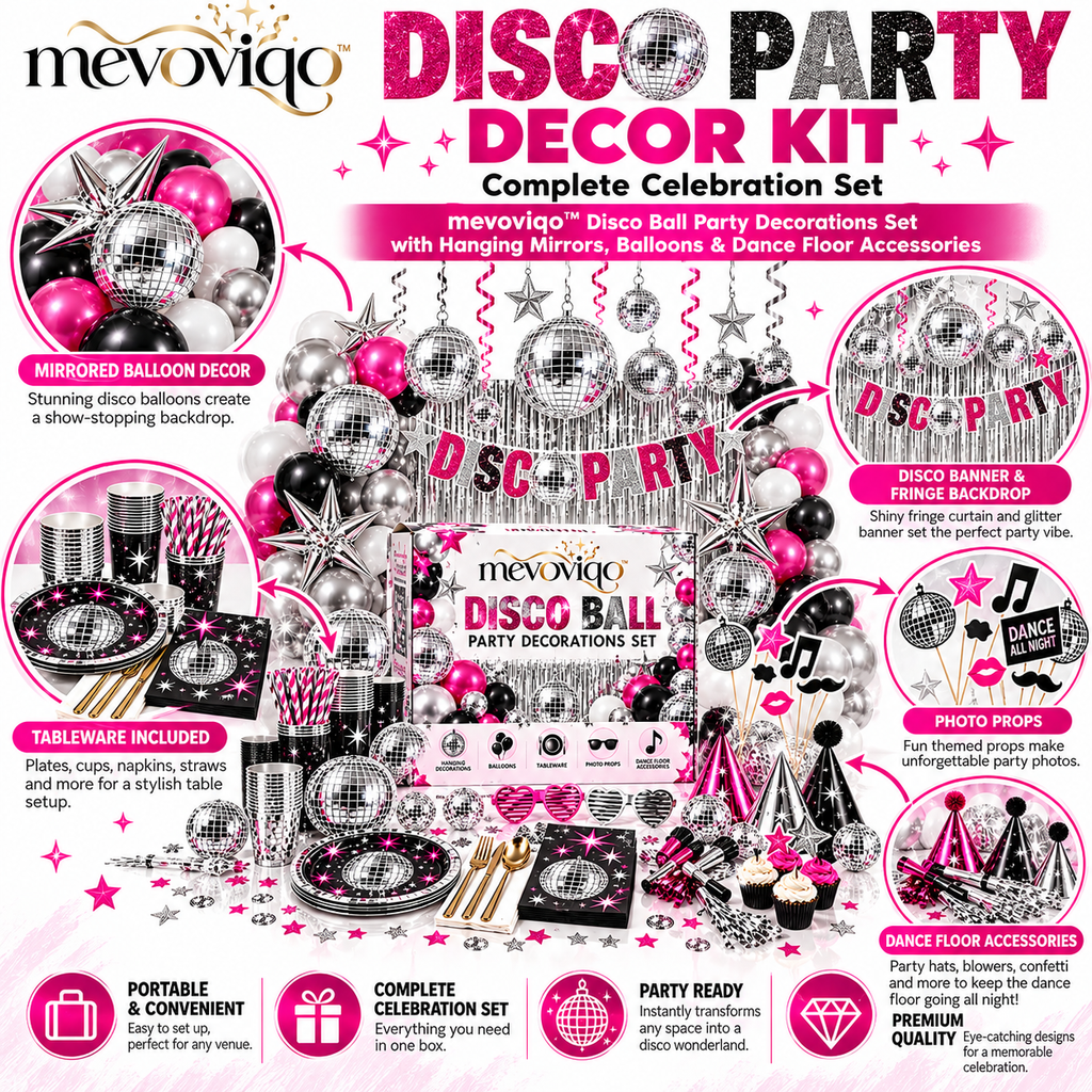 mevoviqo™ Disco Ball Party Decorations Set with Hanging Mirrors, Balloons & Dance Floor Accessories
