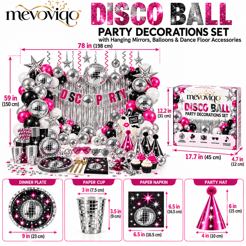 mevoviqo™ Disco Ball Party Decorations Set with Hanging Mirrors, Balloons & Dance Floor Accessories