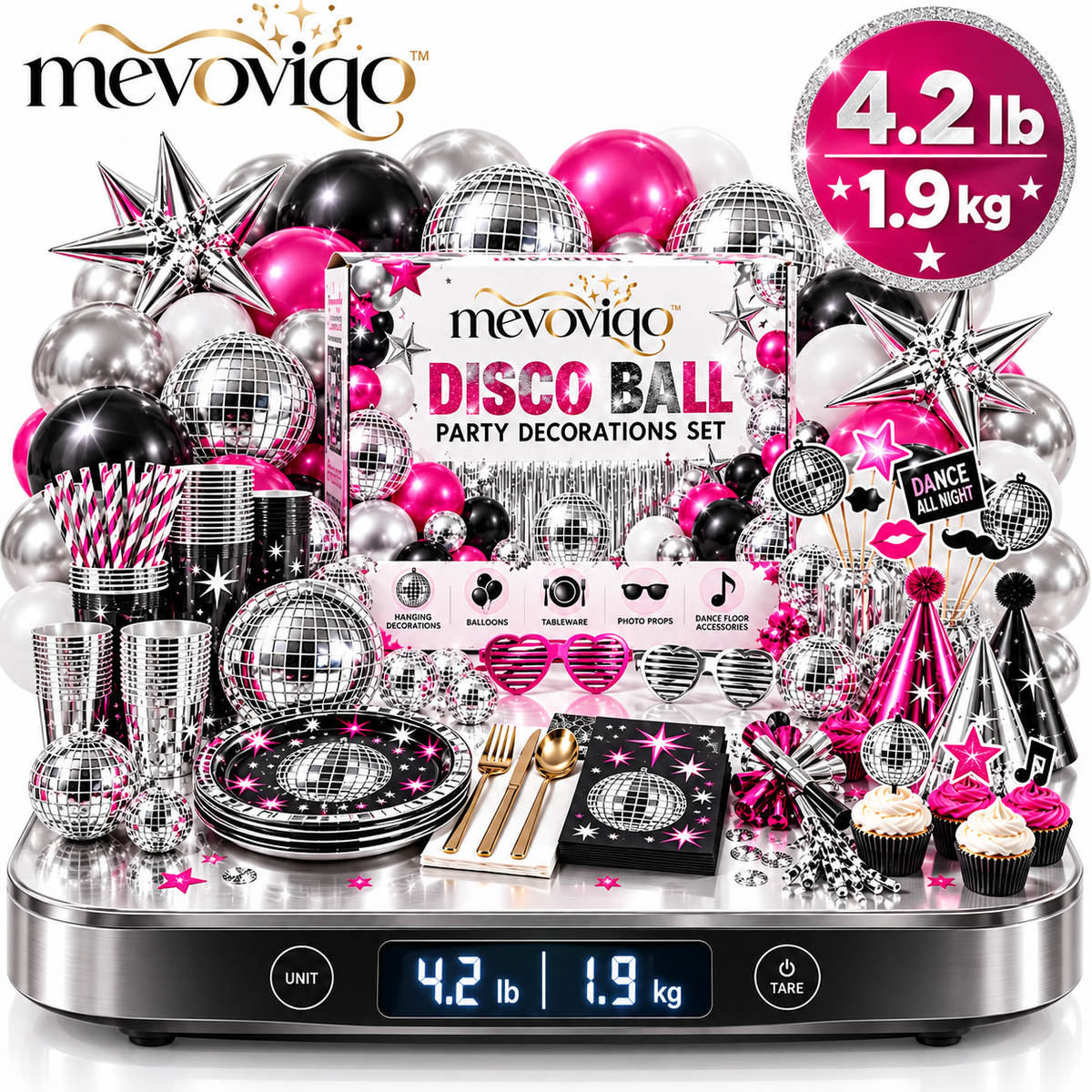 mevoviqo™ Disco Ball Party Decorations Set with Hanging Mirrors, Balloons & Dance Floor Accessories
