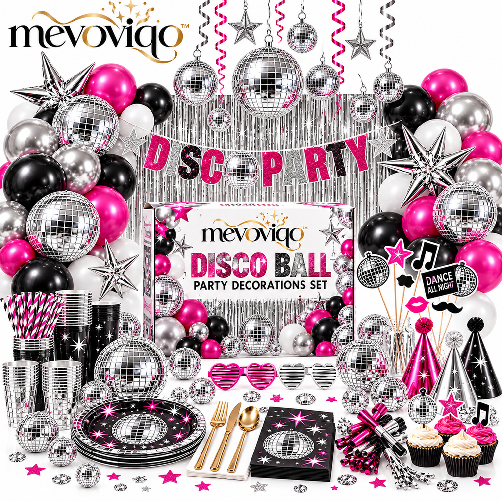 mevoviqo™ Disco Ball Party Decorations Set with Hanging Mirrors, Balloons & Dance Floor Accessories