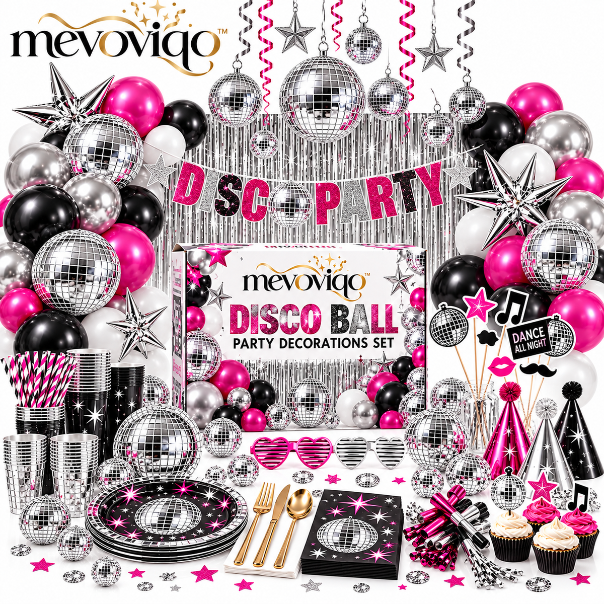 mevoviqo™ Disco Ball Party Decorations Set with Hanging Mirrors, Balloons & Dance Floor Accessories