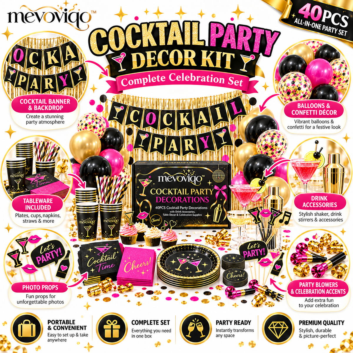 mevoviqo™ 40PCS Cocktail Party Decorations with Drink Accessories, Table Decor & Celebration Supplies