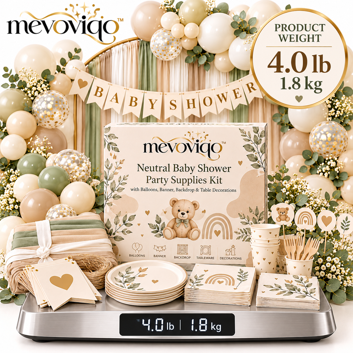 mevoviqo™ Neutral Baby Shower Party Supplies Kit with Balloons, Banner, Backdrop & Table Decorations