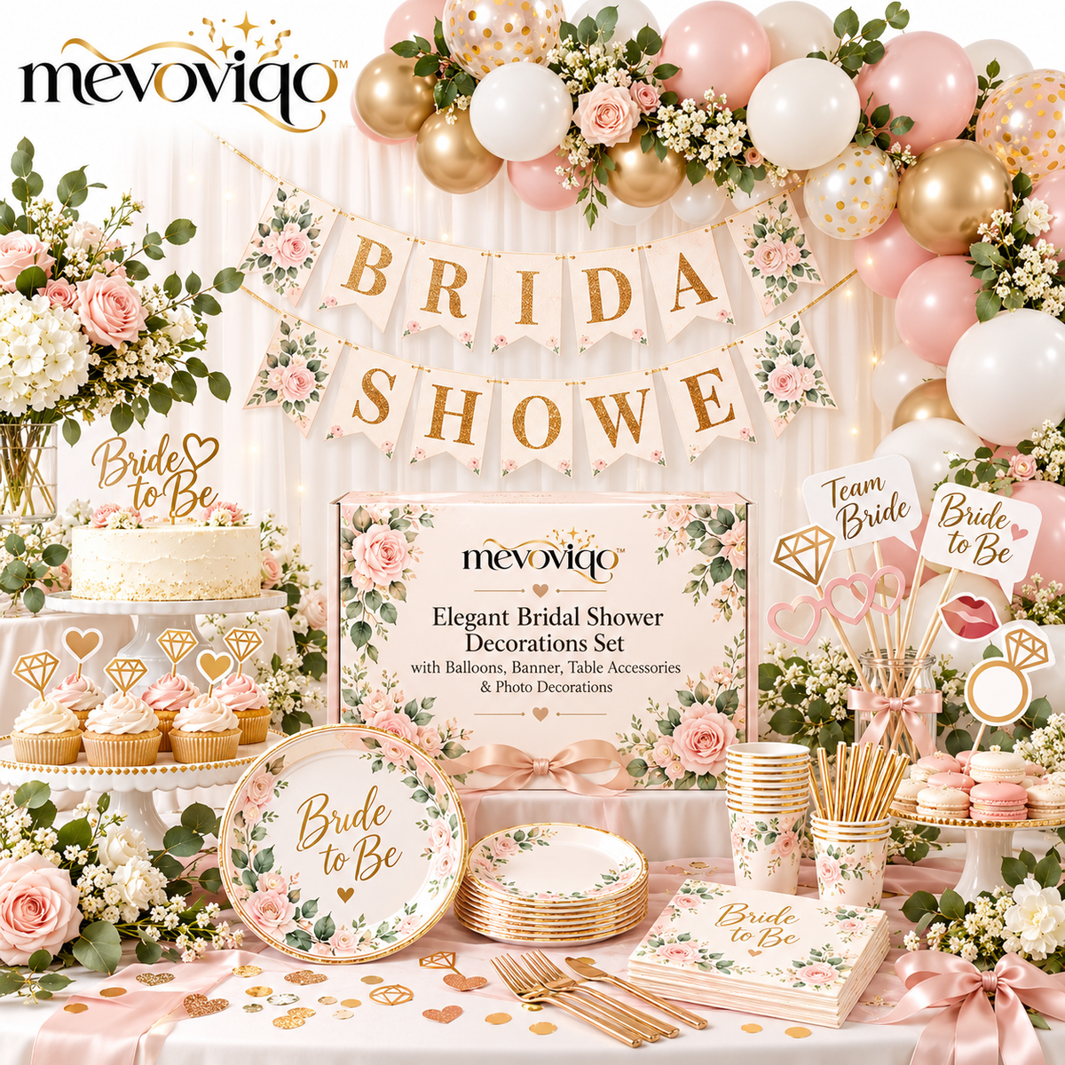 mevoviqo™ Elegant Bridal Shower Decorations Set with Balloons, Banner, Table Accessories & Photo Decorations