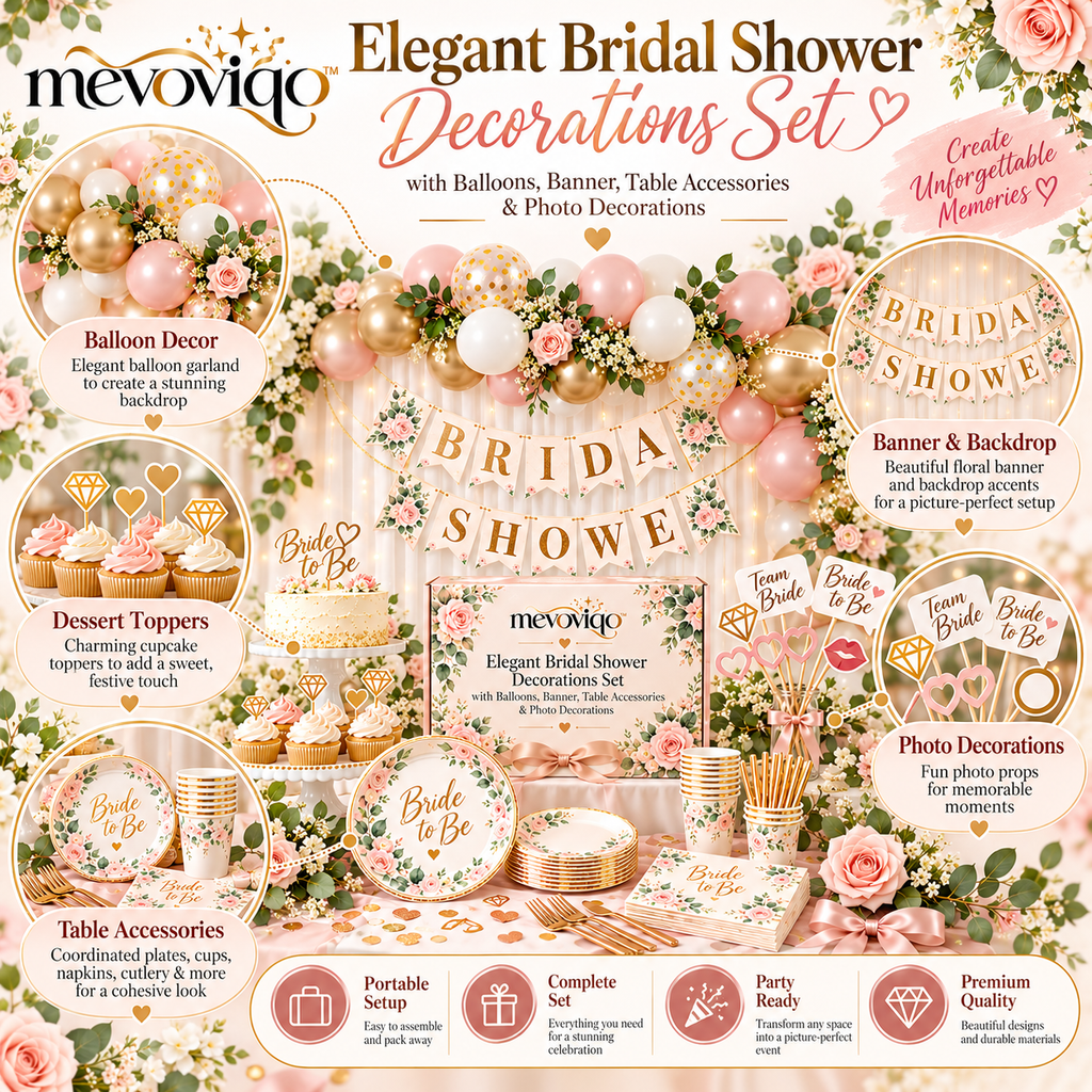mevoviqo™ Elegant Bridal Shower Decorations Set with Balloons, Banner, Table Accessories & Photo Decorations
