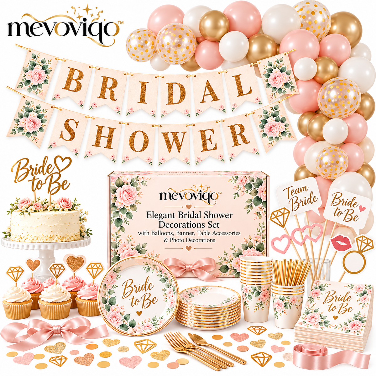 mevoviqo™ Elegant Bridal Shower Decorations Set with Balloons, Banner, Table Accessories & Photo Decorations