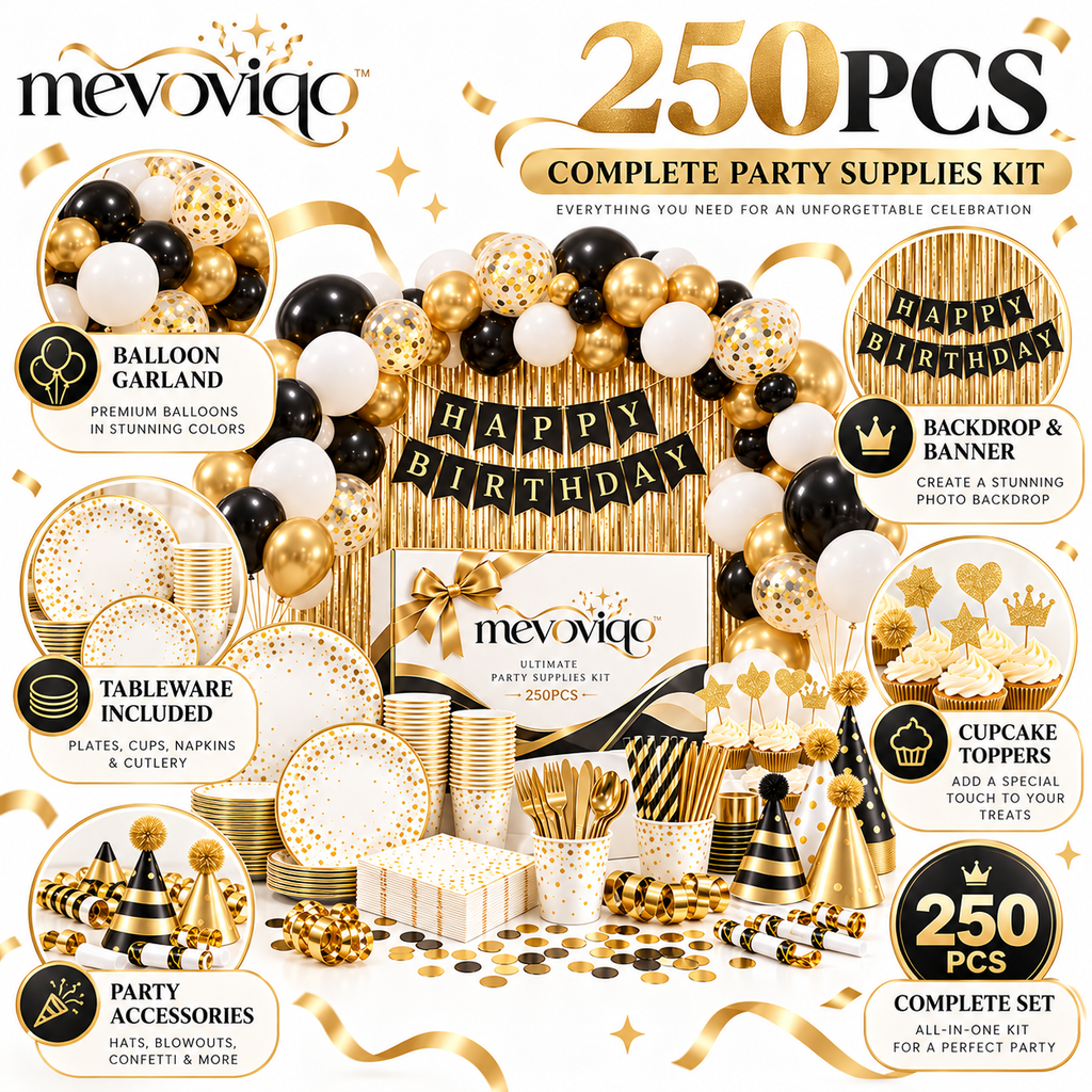 mevoviqo™ 250PCS Ultimate Party Supplies Kit with Balloons, Tableware, Backdrop, Banner & Celebration Accessories