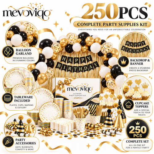 mevoviqo™ 250PCS Ultimate Party Supplies Kit with Balloons, Tableware, Backdrop, Banner & Celebration Accessories