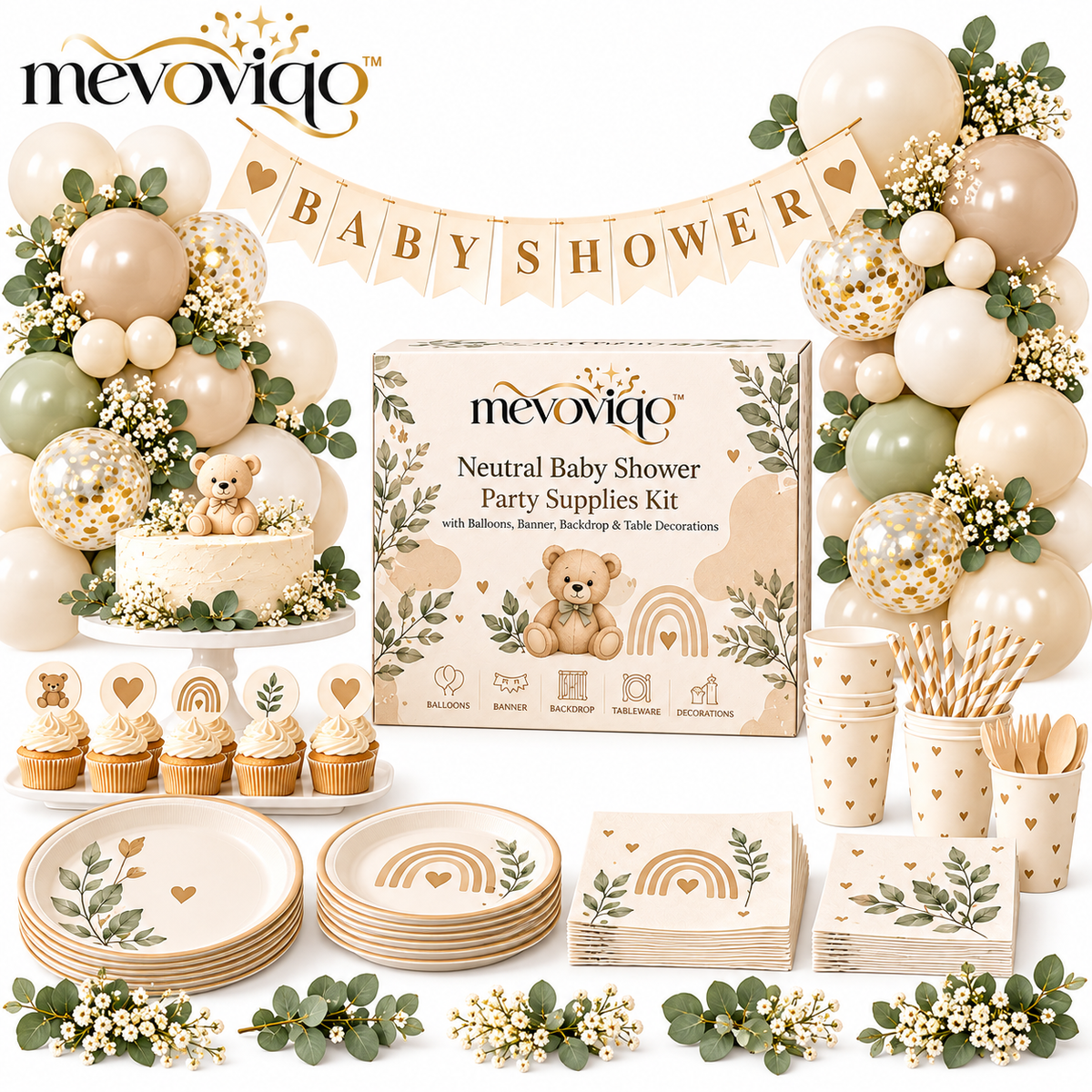 mevoviqo™ Neutral Baby Shower Party Supplies Kit with Balloons, Banner, Backdrop & Table Decorations