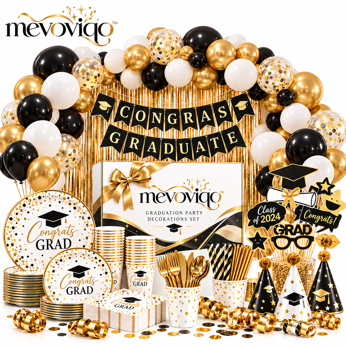 mevoviqo™ Graduation Party Decorations Set with Congrats Banner, Balloons, Table Accessories & Photo Props