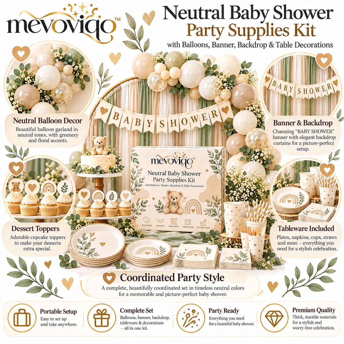 mevoviqo™ Neutral Baby Shower Party Supplies Kit with Balloons, Banner, Backdrop & Table Decorations