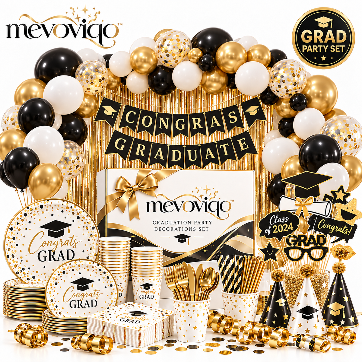 mevoviqo™ Graduation Party Decorations Set with Congrats Banner, Balloons, Table Accessories & Photo Props