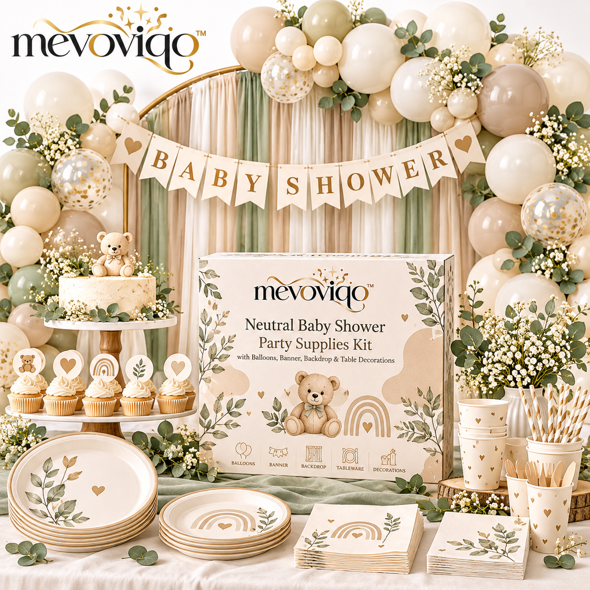 mevoviqo™ Neutral Baby Shower Party Supplies Kit with Balloons, Banner, Backdrop & Table Decorations