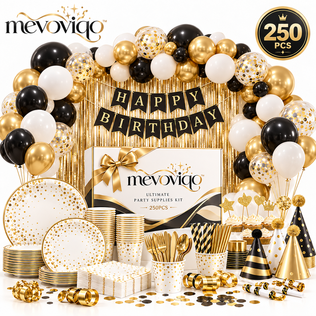 mevoviqo™ 250PCS Ultimate Party Supplies Kit with Balloons, Tableware, Backdrop, Banner & Celebration Accessories