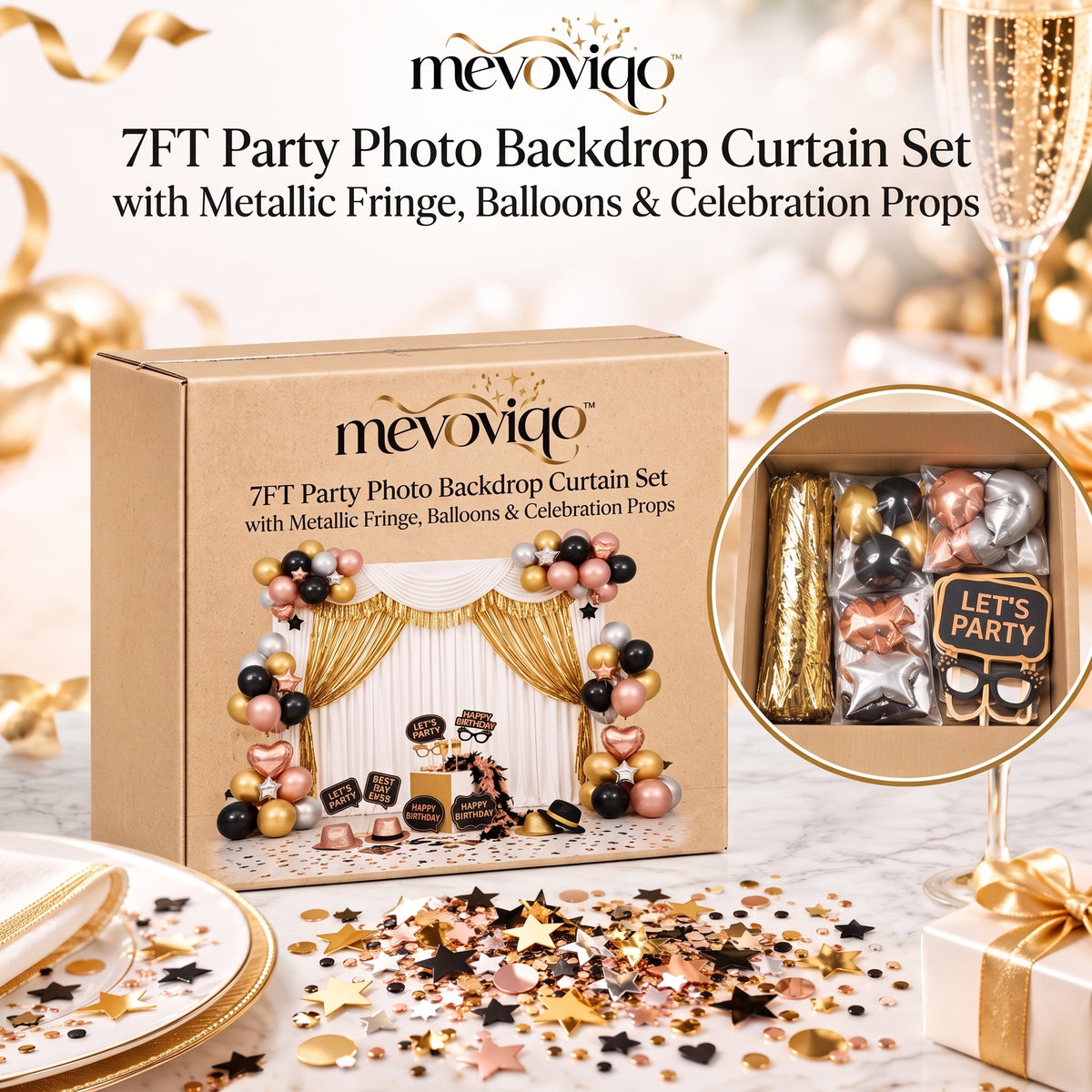 mevoviqo™ 7FT Party Photo Backdrop Curtain Set with Metallic Fringe, Balloons & Celebration Props