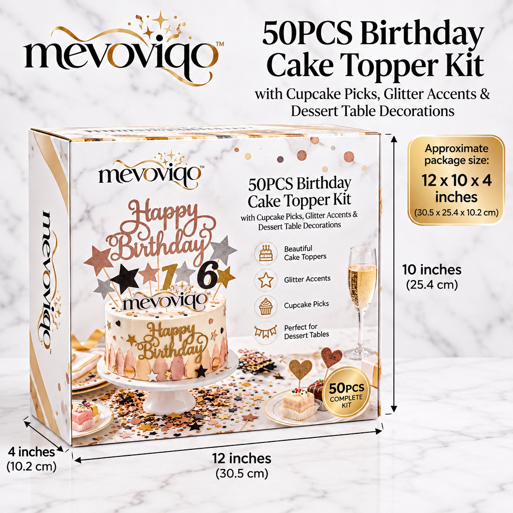 mevoviqo™ 50PCS Birthday Cake Topper Kit with Cupcake Picks, Glitter Accents & Dessert Table Decorations