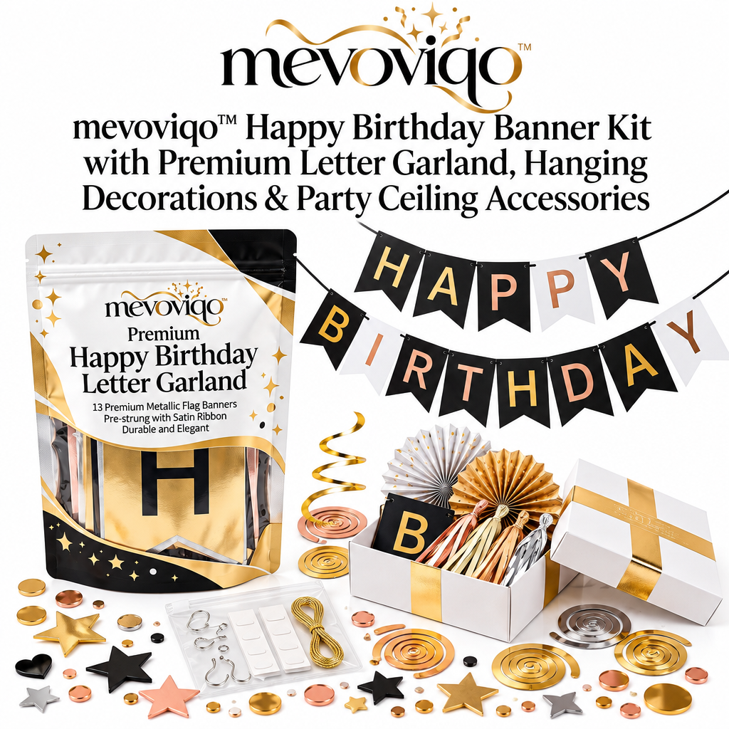 mevoviqo™ Happy Birthday Banner Kit with Premium Letter Garland, Hanging Decorations & Party Ceiling Accessories