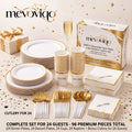 mevoviqo™ 96PCS Disposable Party Plates Cups Napkins Cutlery Set with Elegant Gold Trim for Birthday Dinner Events