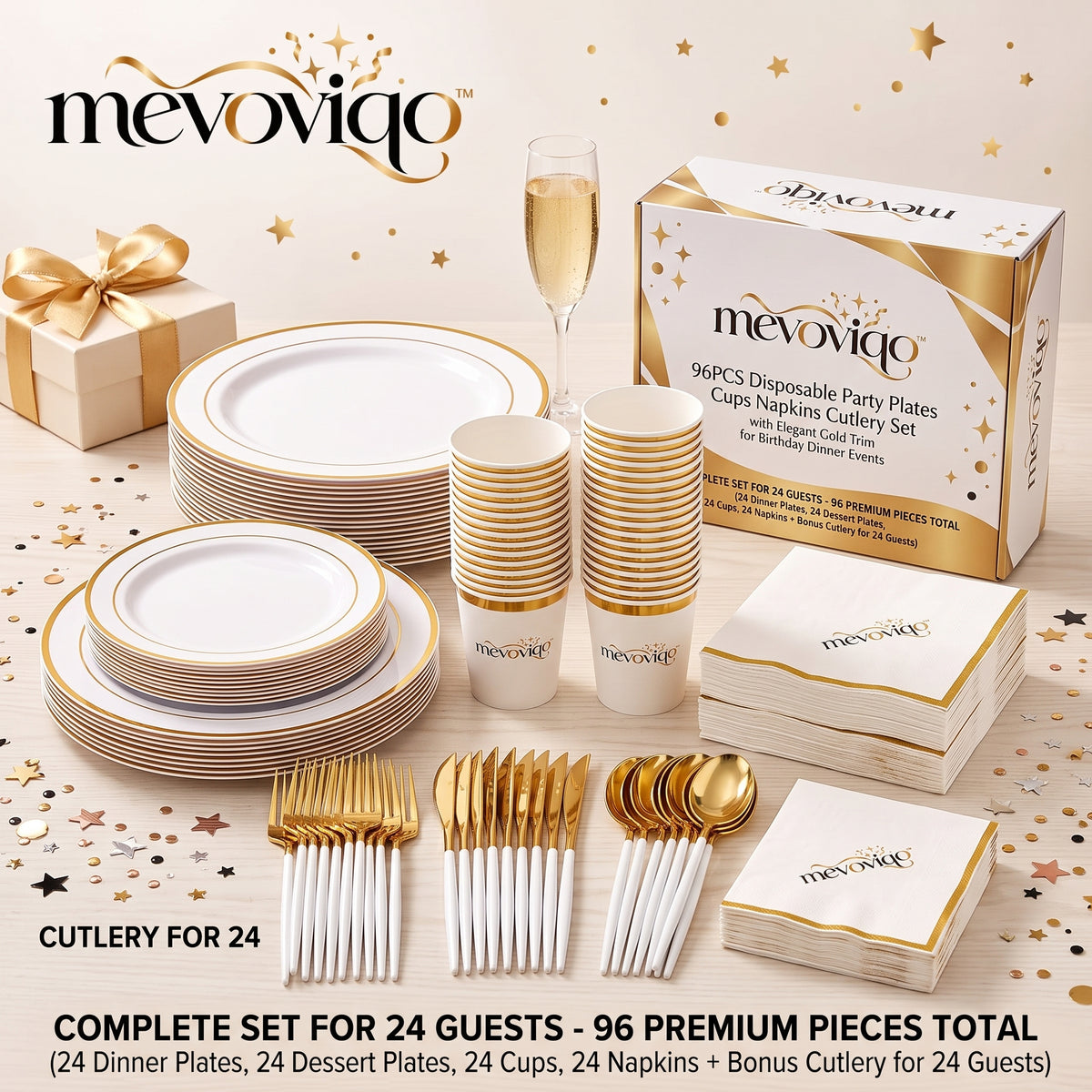 mevoviqo™ 96PCS Disposable Party Plates Cups Napkins Cutlery Set with Elegant Gold Trim for Birthday Dinner Events