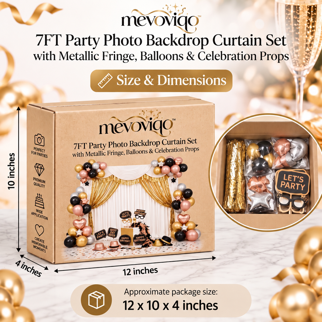 mevoviqo™ 7FT Party Photo Backdrop Curtain Set with Metallic Fringe, Balloons & Celebration Props