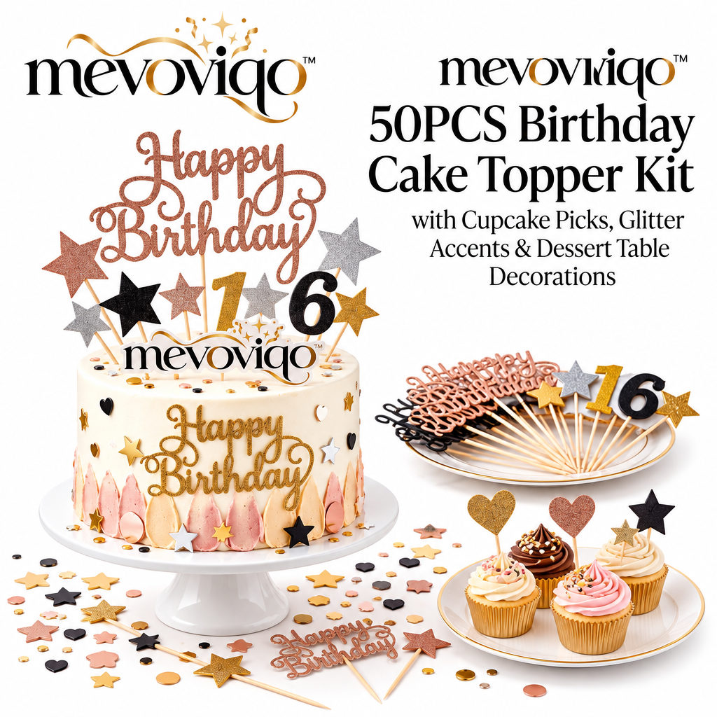 mevoviqo™ 50PCS Birthday Cake Topper Kit with Cupcake Picks, Glitter A