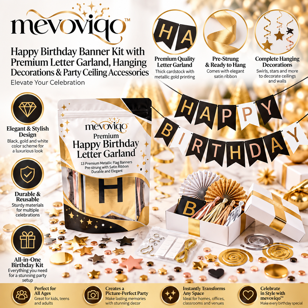 mevoviqo™ Happy Birthday Banner Kit with Premium Letter Garland, Hanging Decorations & Party Ceiling Accessories