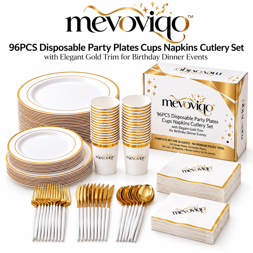mevoviqo™ 96PCS Disposable Party Plates Cups Napkins Cutlery Set with Elegant Gold Trim for Birthday Dinner Events