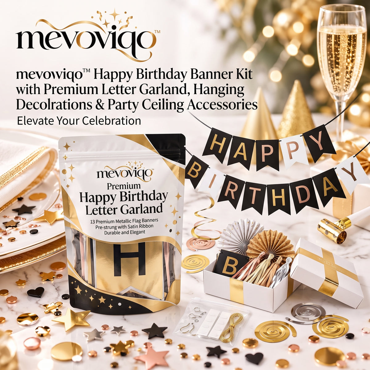 mevoviqo™ Happy Birthday Banner Kit with Premium Letter Garland, Hanging Decorations & Party Ceiling Accessories