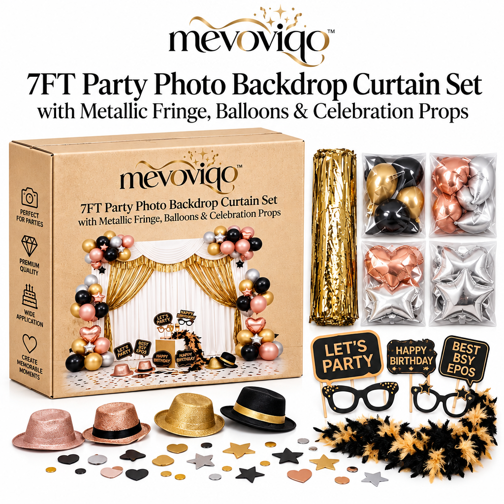 mevoviqo™ 7FT Party Photo Backdrop Curtain Set with Metallic Fringe, Balloons & Celebration Props