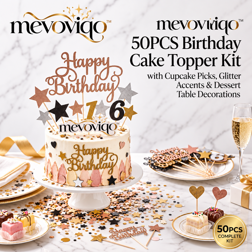 mevoviqo™ 50PCS Birthday Cake Topper Kit with Cupcake Picks, Glitter Accents & Dessert Table Decorations
