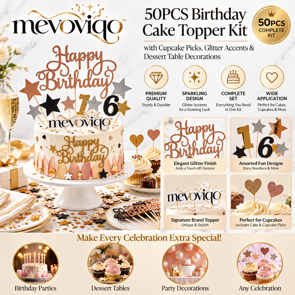 mevoviqo™ 50PCS Birthday Cake Topper Kit with Cupcake Picks, Glitter A