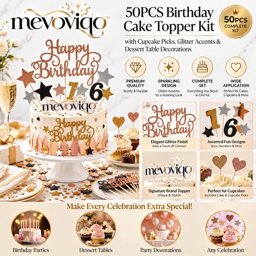 mevoviqo™ 50PCS Birthday Cake Topper Kit with Cupcake Picks, Glitter Accents & Dessert Table Decorations