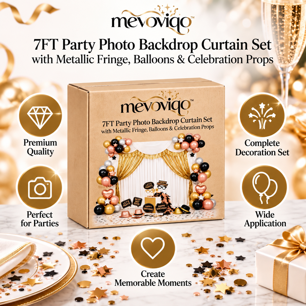 mevoviqo™ 7FT Party Photo Backdrop Curtain Set with Metallic Fringe, Balloons & Celebration Props