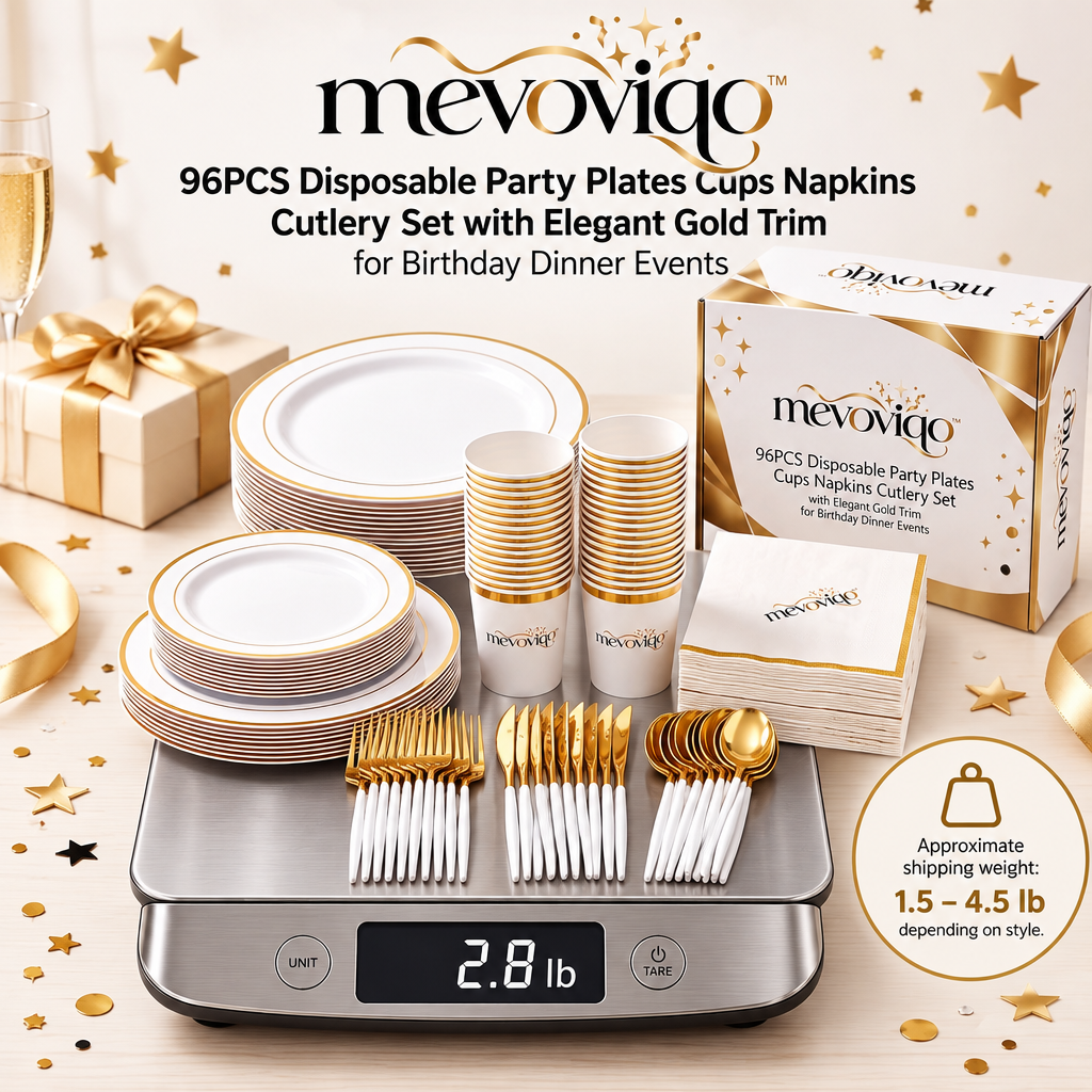 mevoviqo™ 96PCS Disposable Party Plates Cups Napkins Cutlery Set with Elegant Gold Trim for Birthday Dinner Events