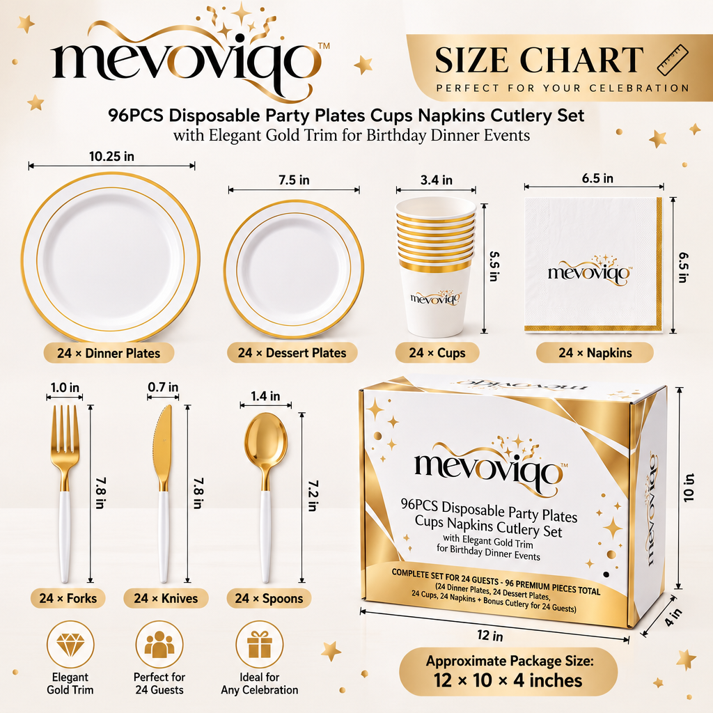 mevoviqo™ 96PCS Disposable Party Plates Cups Napkins Cutlery Set with Elegant Gold Trim for Birthday Dinner Events