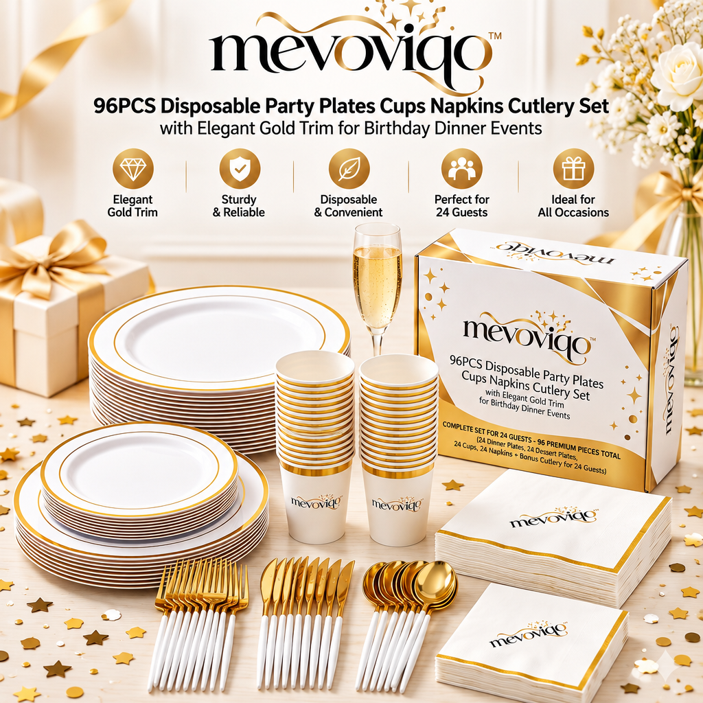 mevoviqo™ 96PCS Disposable Party Plates Cups Napkins Cutlery Set with Elegant Gold Trim for Birthday Dinner Events