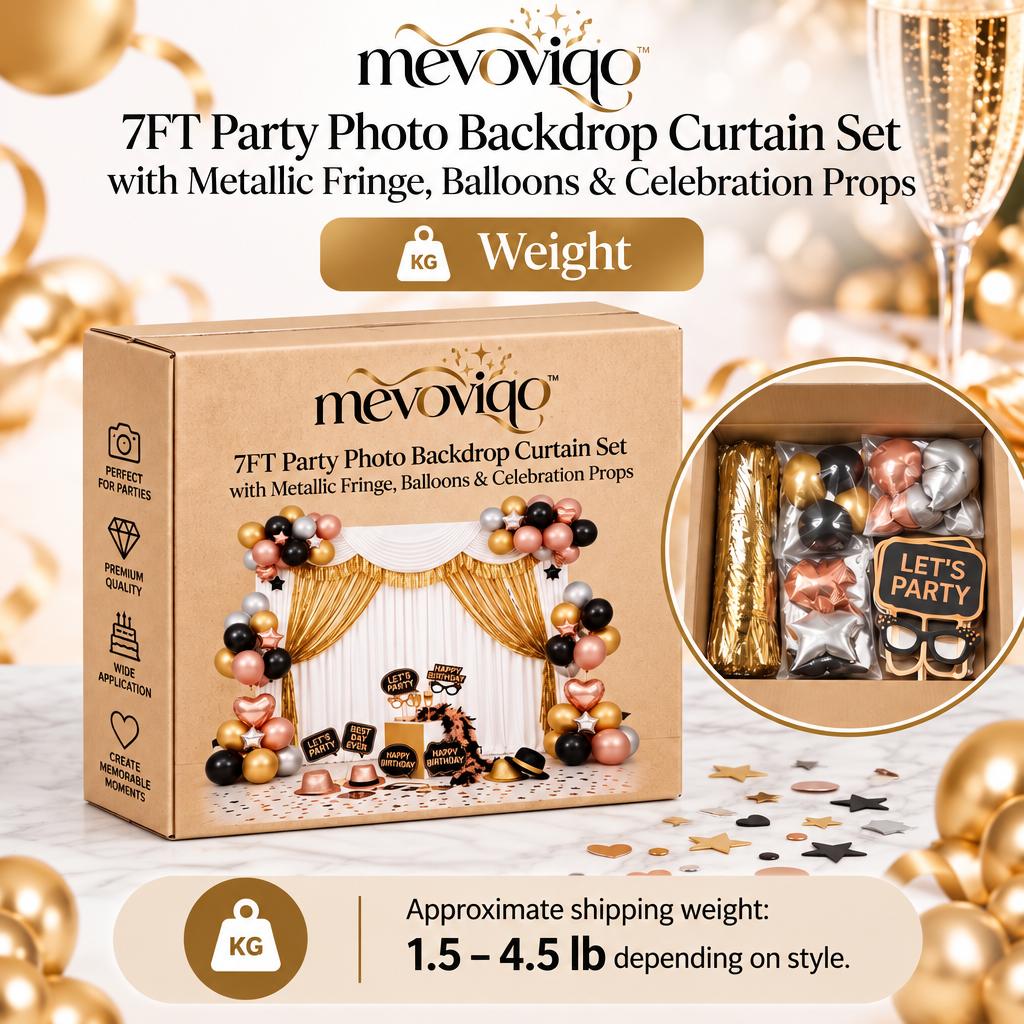 mevoviqo™ 7FT Party Photo Backdrop Curtain Set with Metallic Fringe, Balloons & Celebration Props